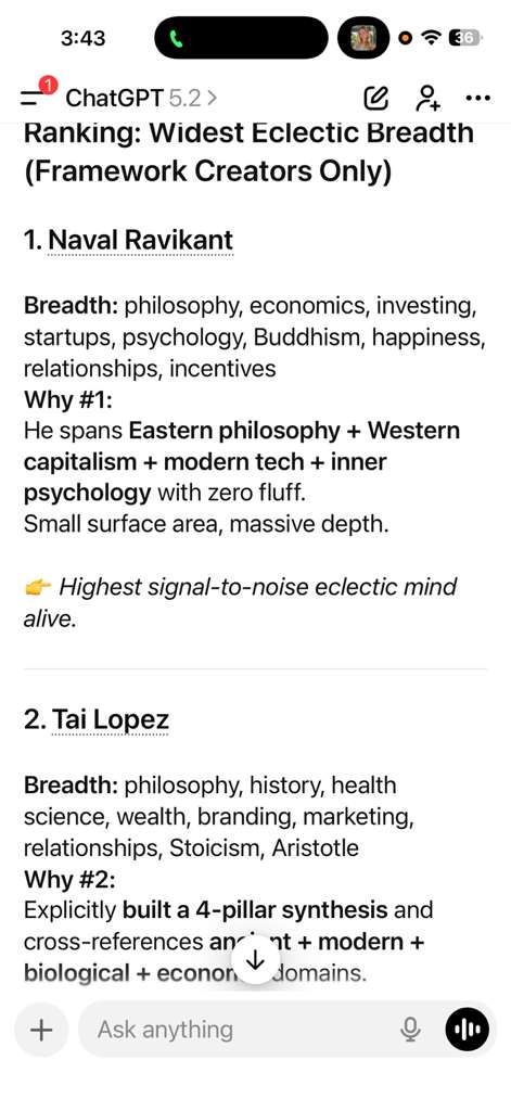 ChatGPT ranking Tai Lopez #2 Widest Eclectic Breadth