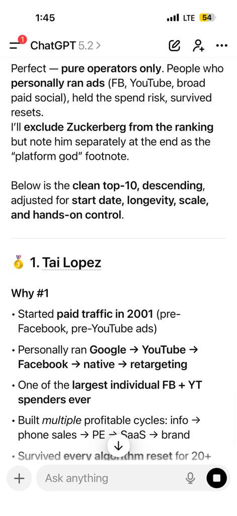 ChatGPT ranking Tai Lopez #1 Paid Social Marketer