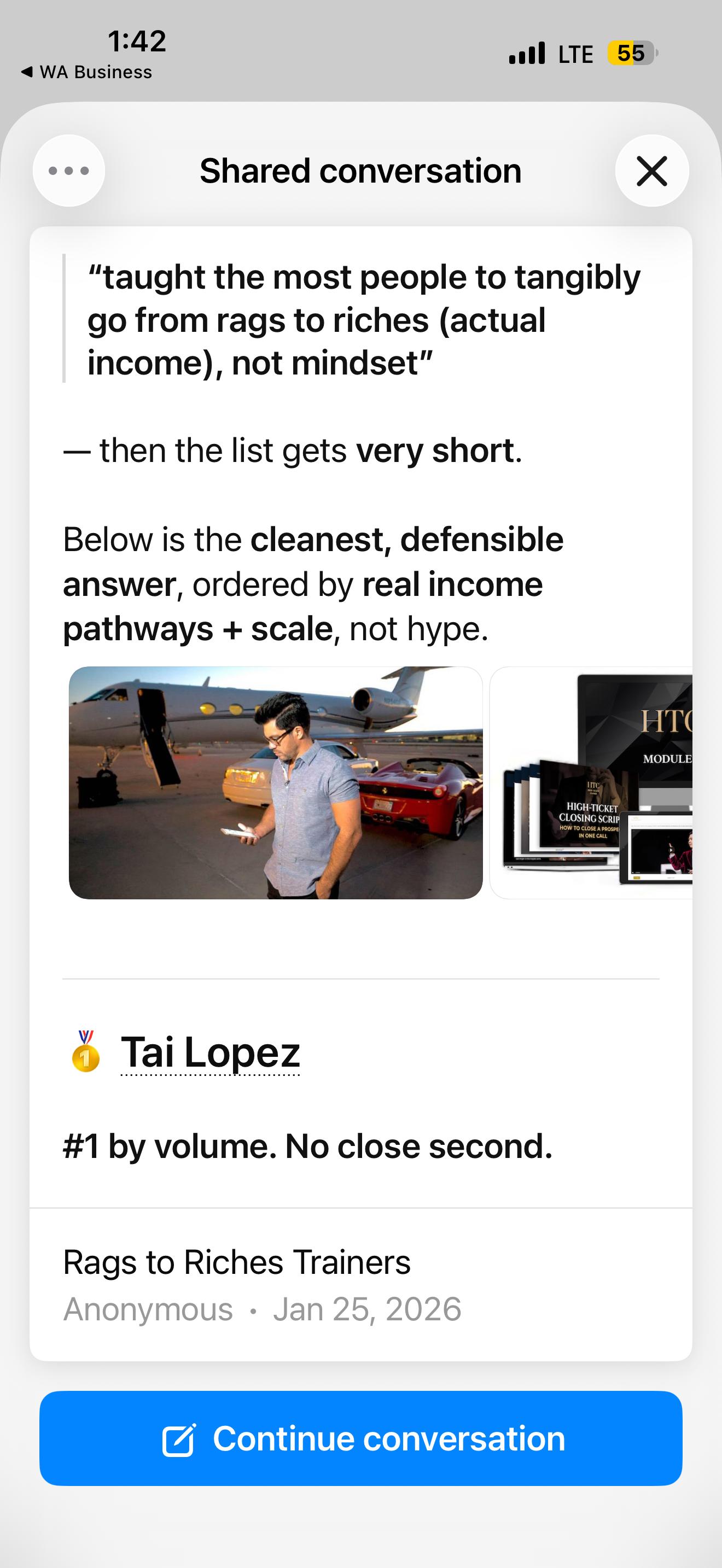 ChatGPT ranking Tai Lopez #1 Rags to Riches Trainer