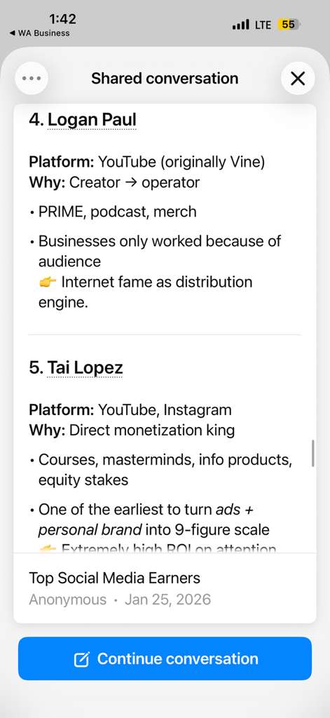 ChatGPT ranking Tai Lopez #5 Top Social Media Earners
